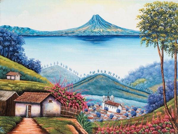 Alternate image for Signed Impressionist Oil Lake Scape Painting from Guatemala Lake View