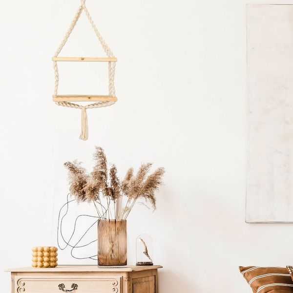 Alternate image for Macrame Cotton and Wood Hanging Shelf in Beige and Ivory Boho Elegance