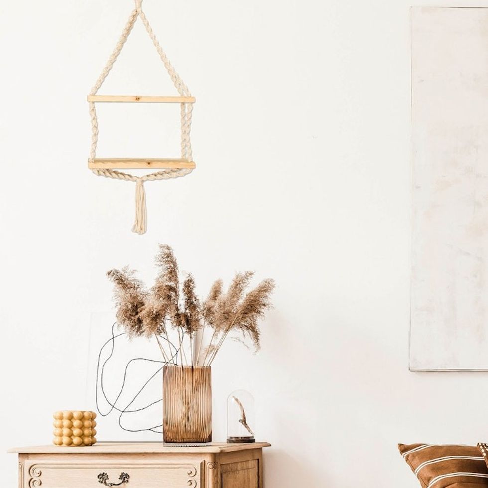 Macrame Cotton and Wood Hanging Shelf in Beige and Ivory 'Boho Elegance'