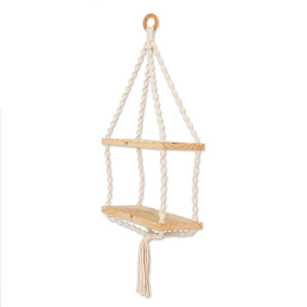 Alternate image for Macrame Cotton and Wood Hanging Shelf in Beige and Ivory Boho Elegance