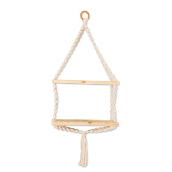 Alternate image for Macrame Cotton and Wood Hanging Shelf in Beige and Ivory Boho Elegance