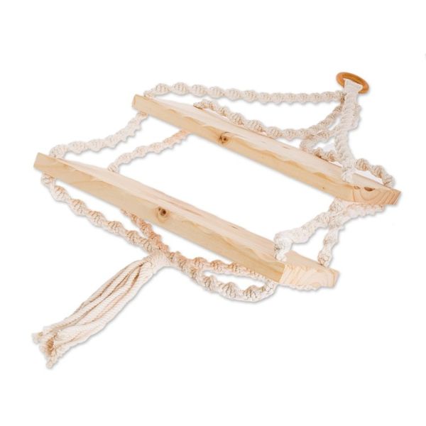 Alternate image for Macrame Cotton and Wood Hanging Shelf in Beige and Ivory Boho Elegance