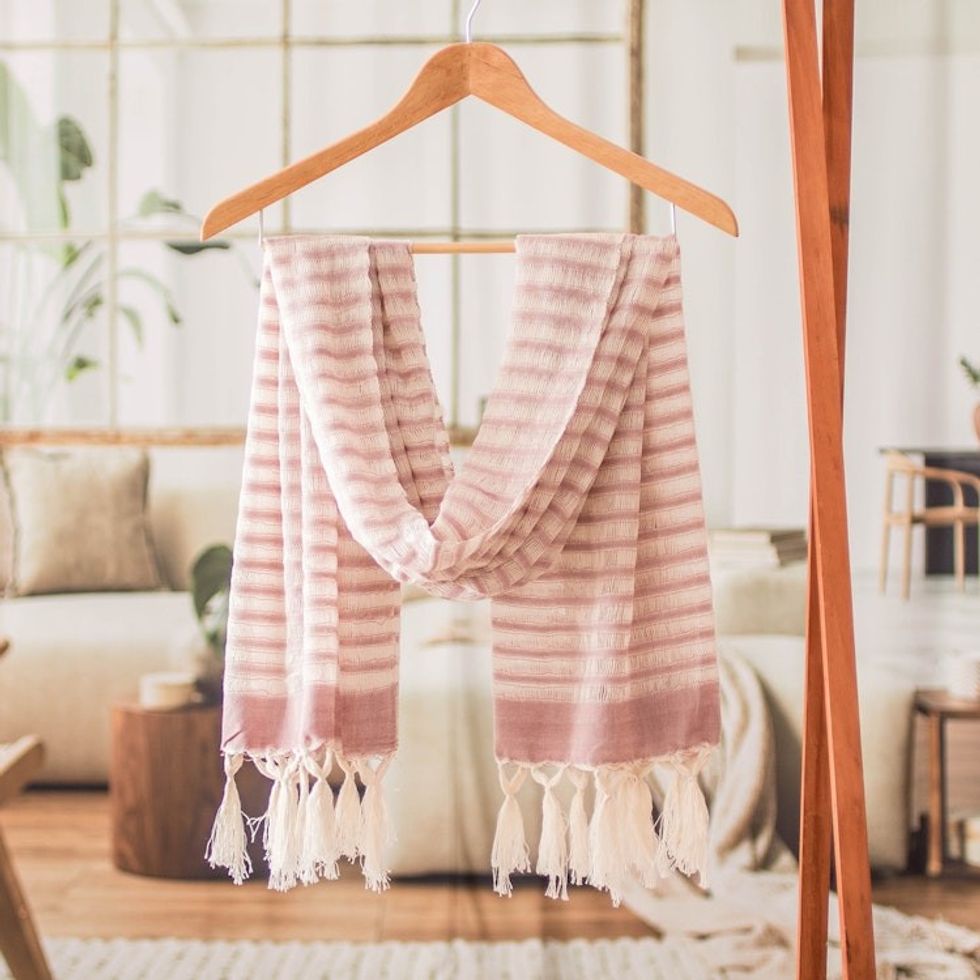 Handloomed Striped Fringed Cotton Scarf in Ivory and Pink 'Weaving Glamour'