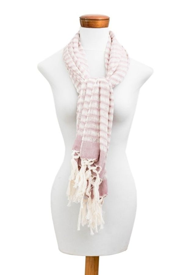 Alternate image for Handloomed Striped Fringed Cotton Scarf in Ivory and Pink Weaving Glamour