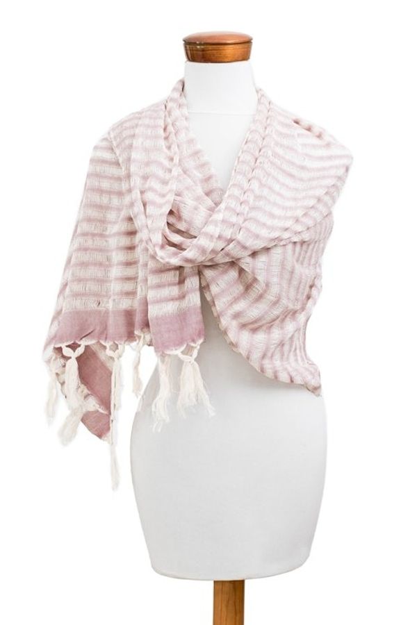 Alternate image for Handloomed Striped Fringed Cotton Scarf in Ivory and Pink Weaving Glamour