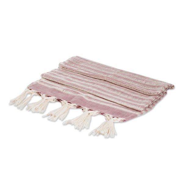 Alternate image for Handloomed Striped Fringed Cotton Scarf in Ivory and Pink Weaving Glamour