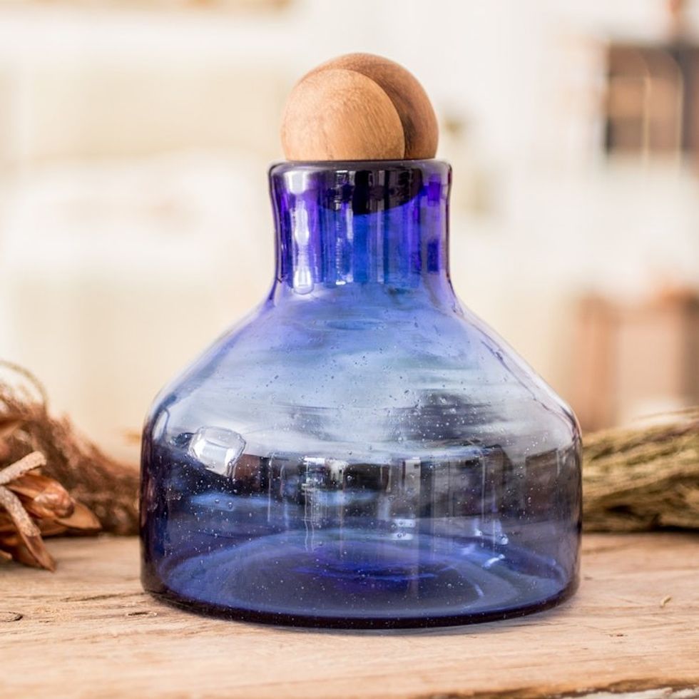 Handblown Recycled Glass Carafe in Blue with Wooden Stopper 'Blue Waters'