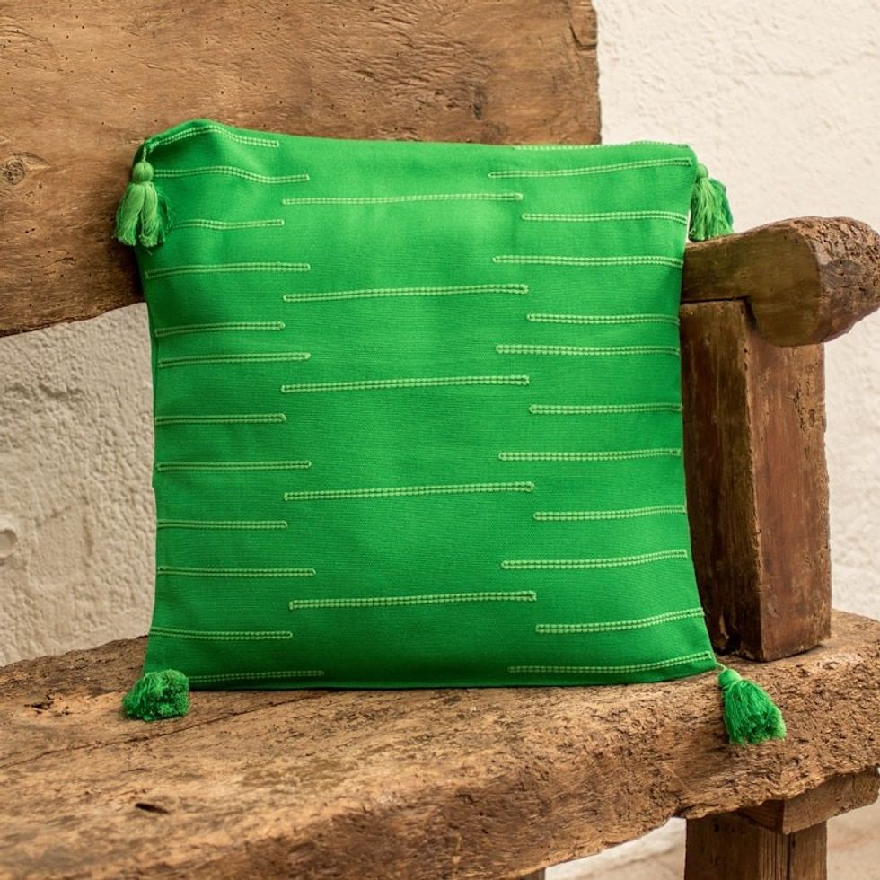 Embroidered Cotton Cushion Cover in Green with Tassels 'Leafy Glades'