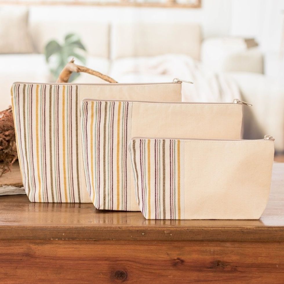 3-Piece Hand-Loomed Striped Cotton Cosmetic Bag Set 'Joy of Color'