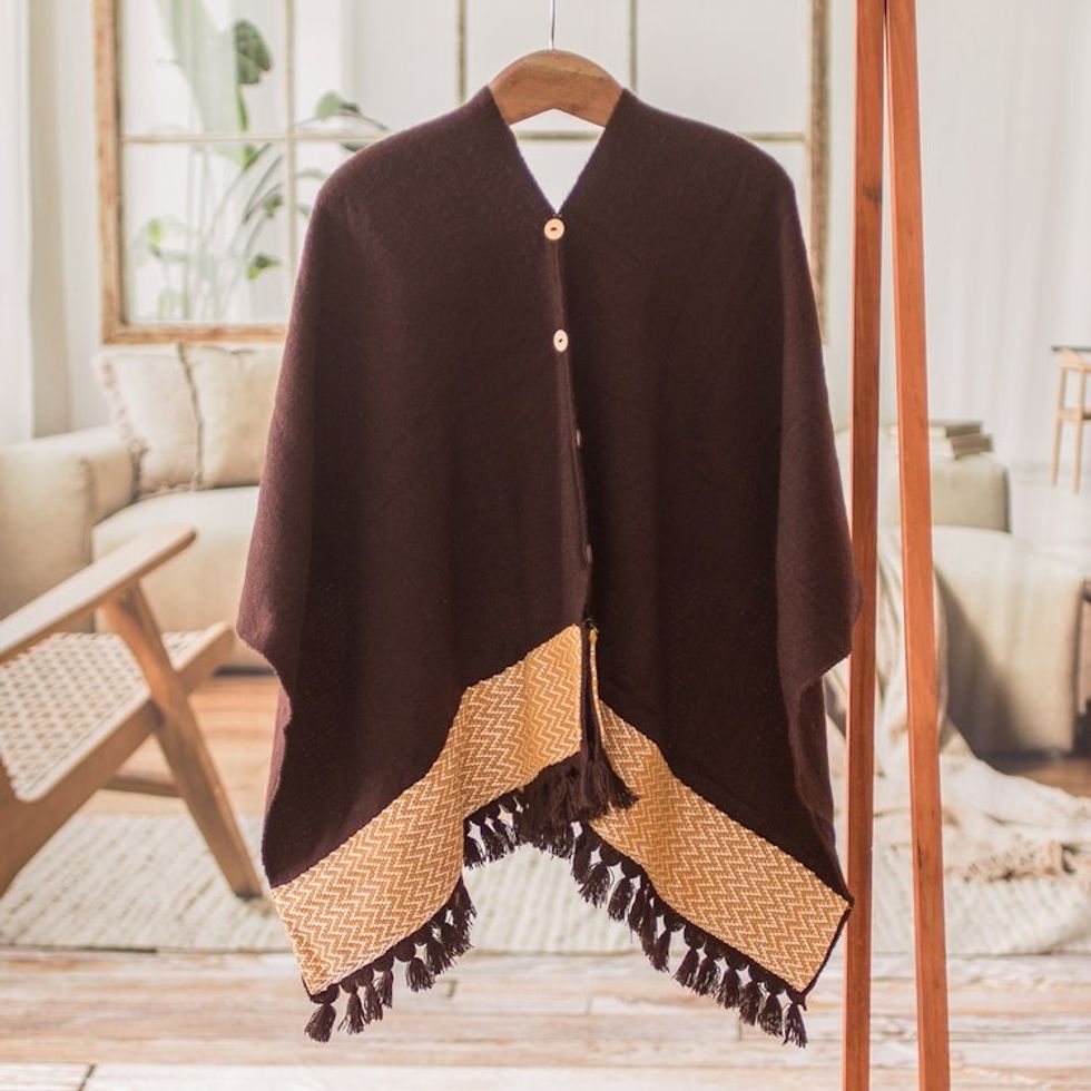 Chocolate-Hued Handwoven Poncho with Wooden Buttons 'Chocolate Zigzag'