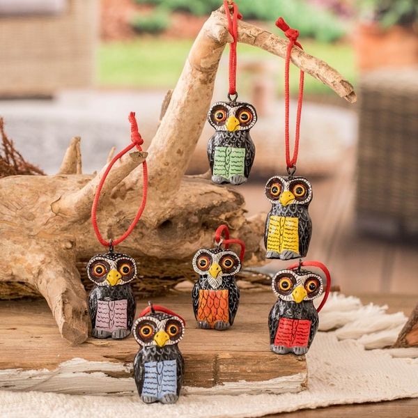 Alternate image for Set of 6 Hand-Painted Whimsical Ceramic Owl Ornaments Sweet Friends