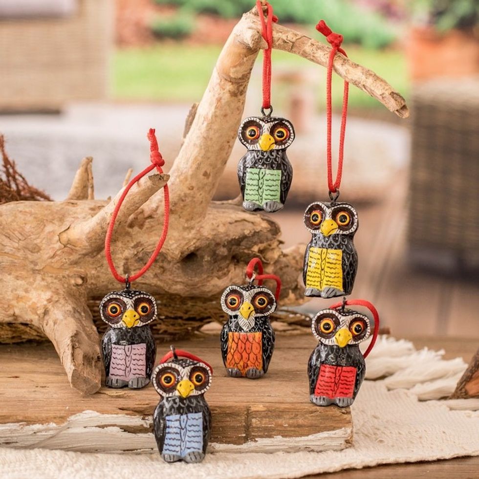 Set of 6 Hand-Painted Whimsical Ceramic Owl Ornaments 'Sweet Friends'