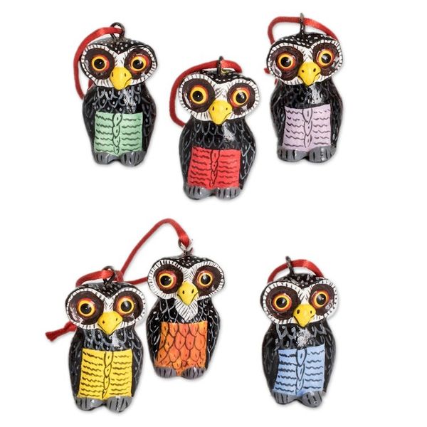 Alternate image for Set of 6 Hand-Painted Whimsical Ceramic Owl Ornaments Sweet Friends