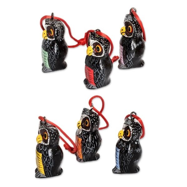 Alternate image for Set of 6 Hand-Painted Whimsical Ceramic Owl Ornaments Sweet Friends