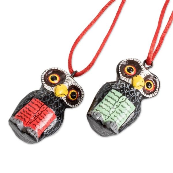 Alternate image for Set of 6 Hand-Painted Whimsical Ceramic Owl Ornaments Sweet Friends
