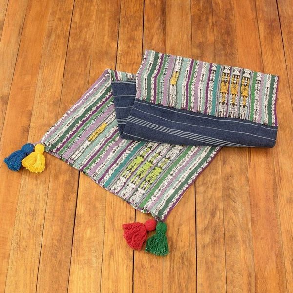 Alternate image for Handwoven Striped Cotton Table Runner with Colorful Tassels Land of Traditions