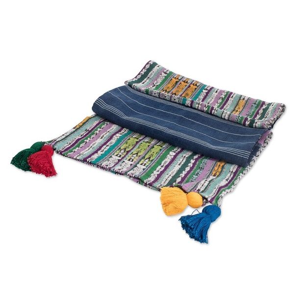 Alternate image for Handwoven Striped Cotton Table Runner with Colorful Tassels Land of Traditions