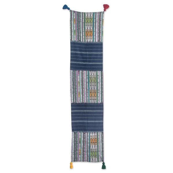 Alternate image for Handwoven Striped Cotton Table Runner with Colorful Tassels Land of Traditions