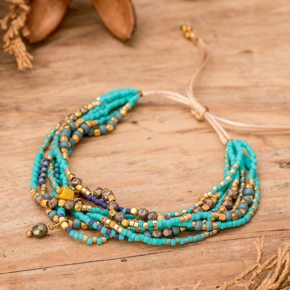 Adjustable Handcrafted Aqua Glass Beaded Strand Bracelet 'Trendy Aqua'