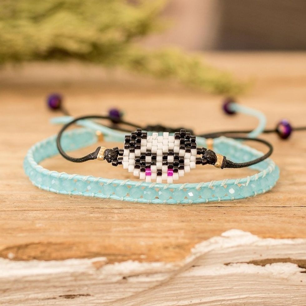 Set of 2 Panda-Themed Blue Glass Beaded Friendship Bracelets 'Panda Bond'
