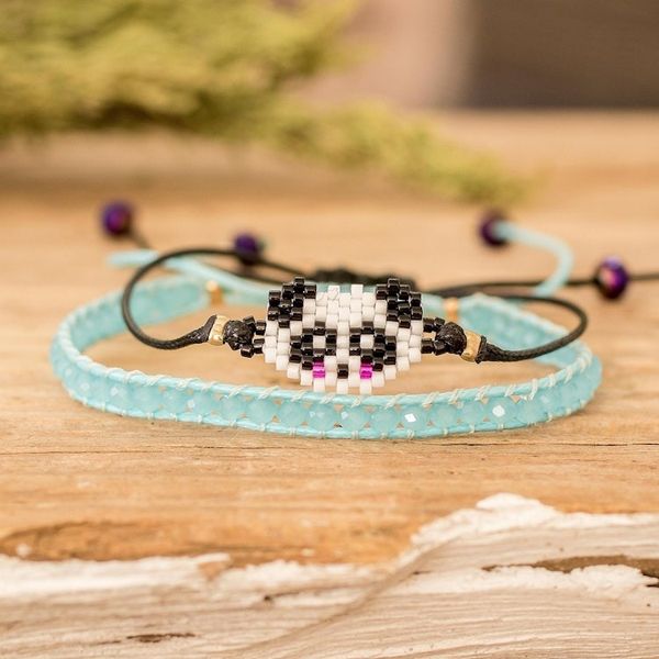 Alternate image for Set of 2 Panda-Themed Blue Glass Beaded Friendship Bracelets Panda Bond