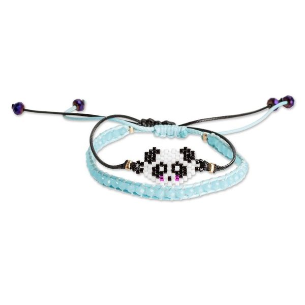Alternate image for Set of 2 Panda-Themed Blue Glass Beaded Friendship Bracelets Panda Bond