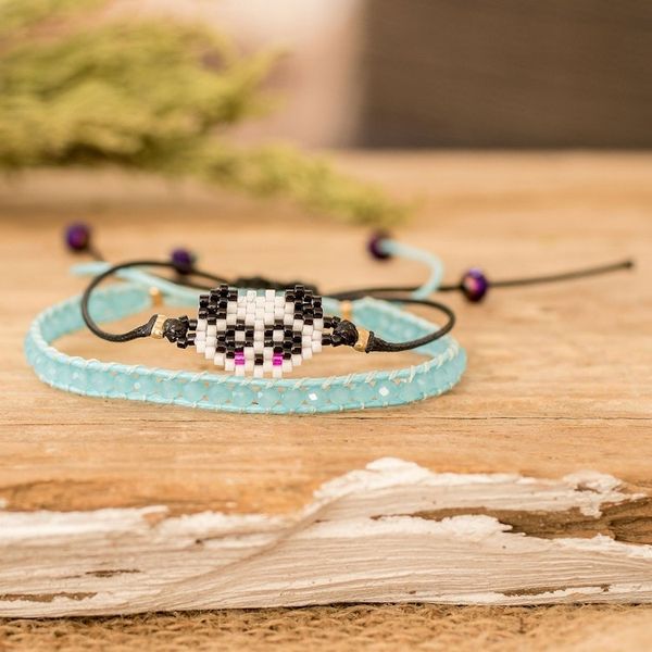 Alternate image for Set of 2 Panda-Themed Blue Glass Beaded Friendship Bracelets Panda Bond