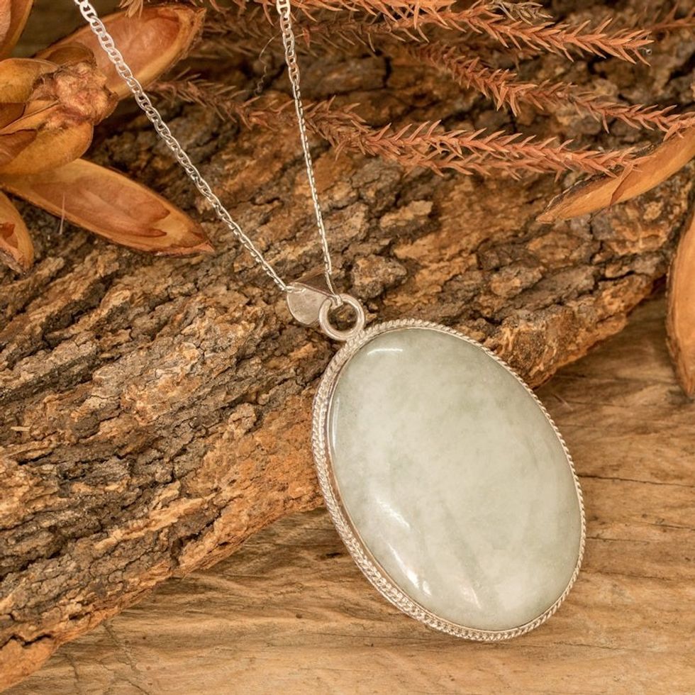 Reversible Silver and Apple Green Jade Maya Pendant Necklace 'Treasures of My Land'