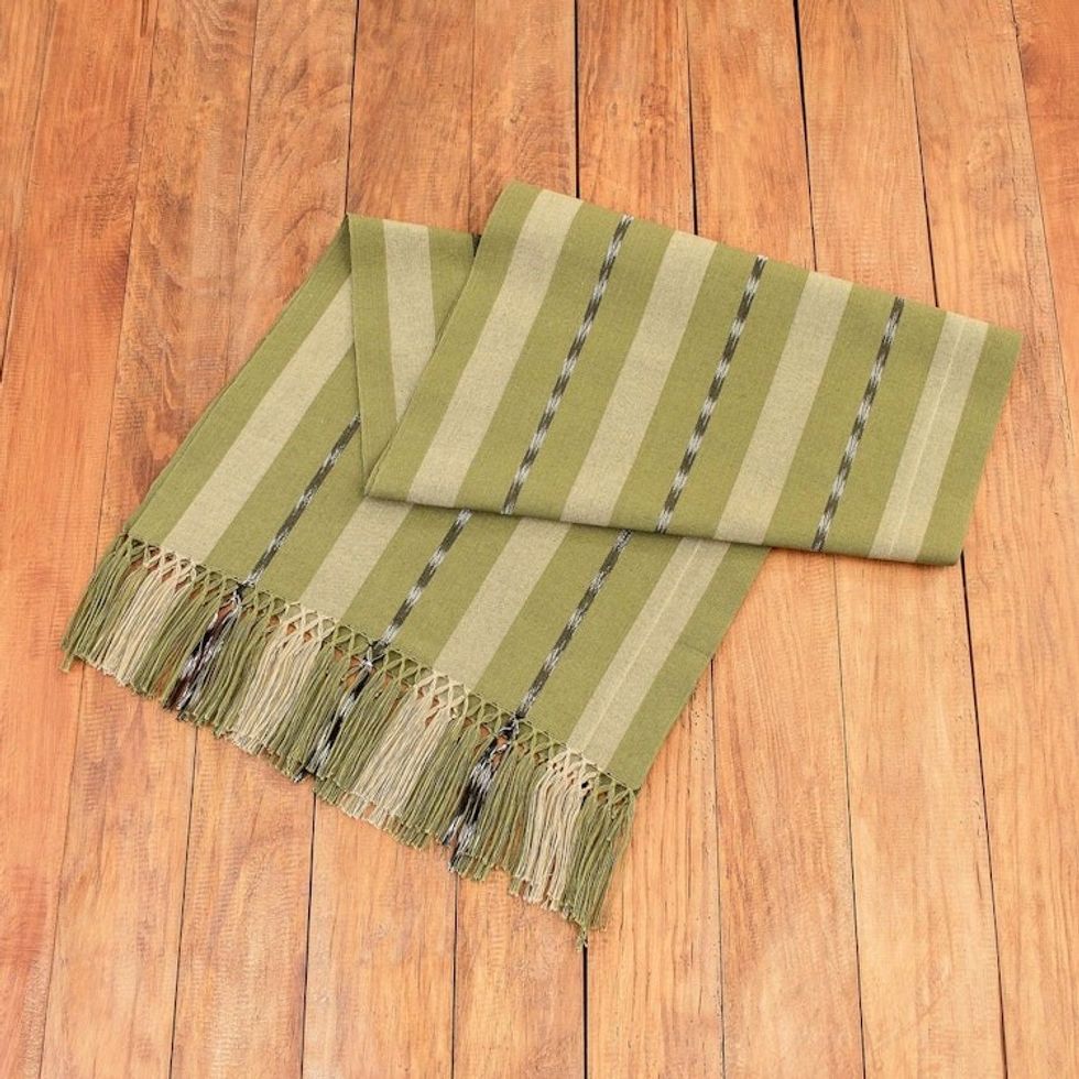 Handloomed Striped Olive Cotton Fringed Table Runner 'Olive Ways to Delight'