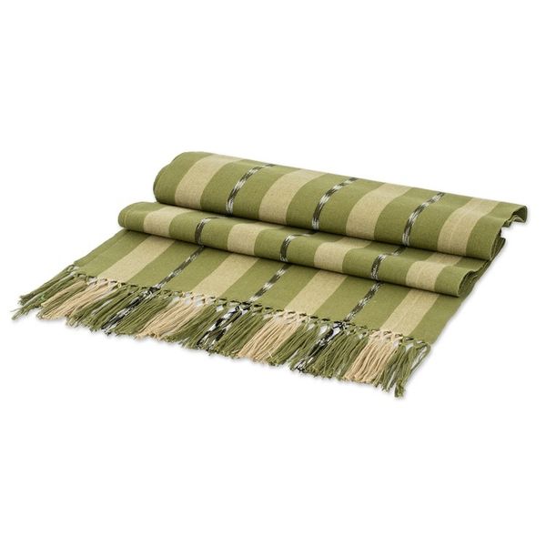 Alternate image for Handloomed Striped Olive Cotton Fringed Table Runner Olive Ways to Delight