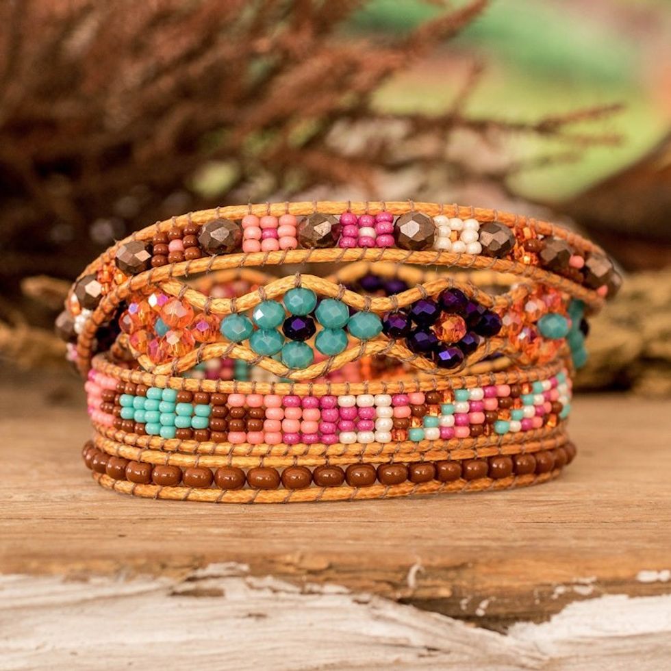 Handwoven Beaded Brown Wrap Bracelet with Pewter Button 'Market Life'