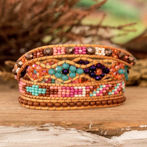 Alternate image for Handwoven Beaded Brown Wrap Bracelet with Pewter Button Market Life