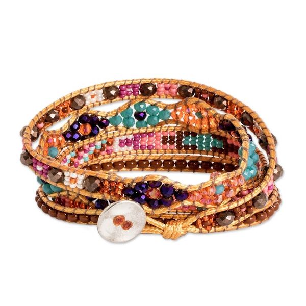 Alternate image for Handwoven Beaded Brown Wrap Bracelet with Pewter Button Market Life