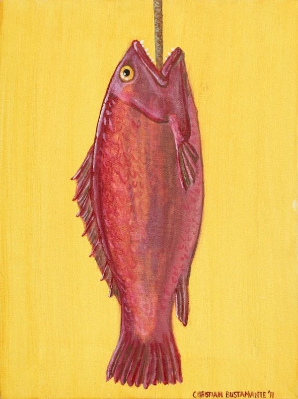 Alternate image for Acrylic Realist Painting of Red Fish on a Yellow Background Catch of the Day