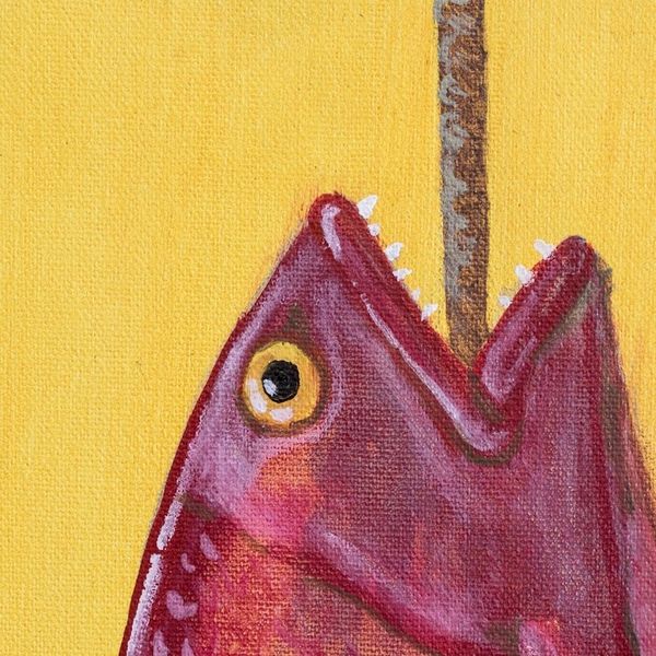 Alternate image for Acrylic Realist Painting of Red Fish on a Yellow Background Catch of the Day