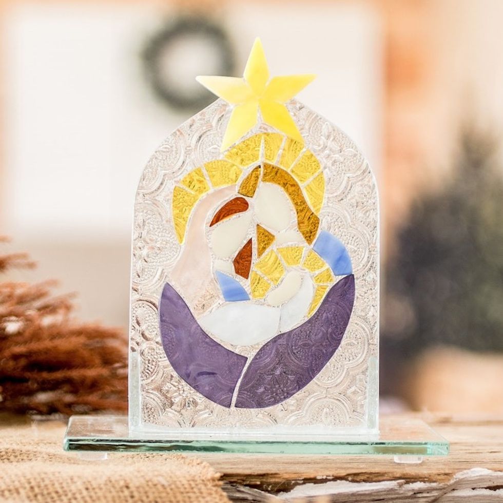 Religious Float Glass Home Accent in Blue and Purple Hues 'Eternal Bonds'