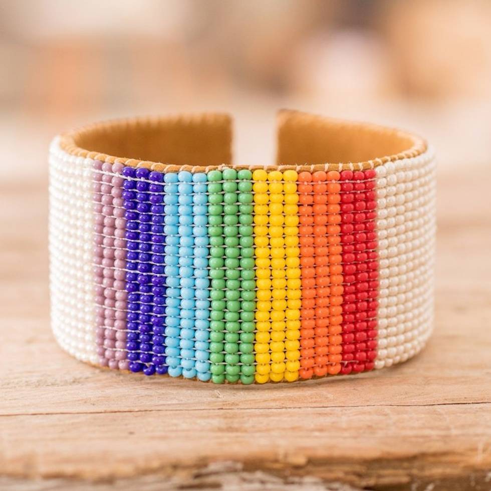 Rainbow Leather-Accented Glass Beaded Cuff Bracelet 'Rainbow Revival'