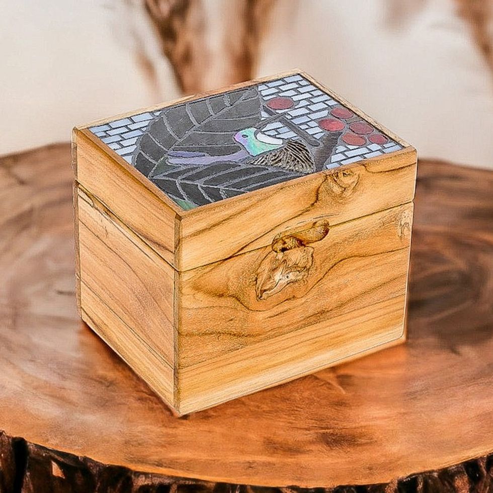 Hummingbird-Themed Mosaic Teak Wood Decorative Box 'Mosaically Charming'