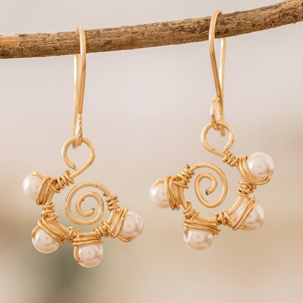 Dangle Earrings with Cultured Pearls Twisted Wire Accents 'Cool Wind'