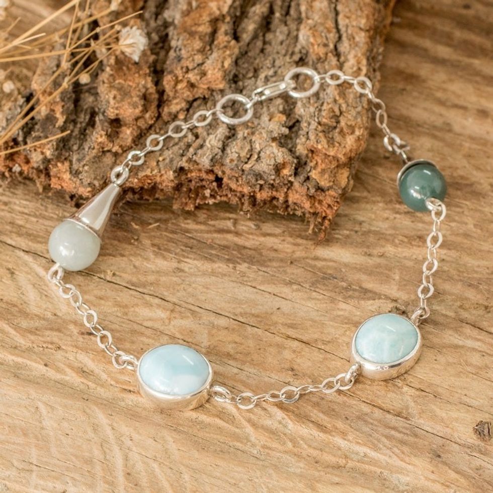 Sterling Silver Natural Jade and Larimar Link Bracelet 'Healing Union'