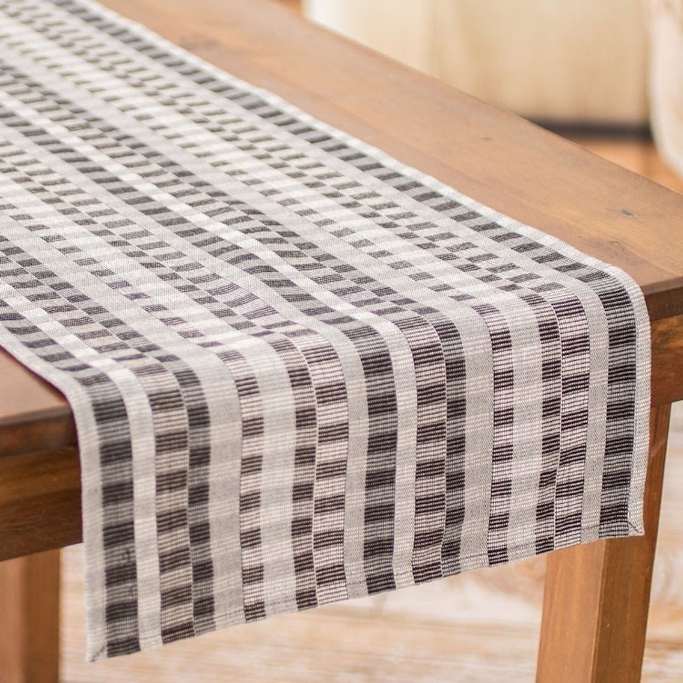 Handwoven Checkered Cotton Table Runner in Black Grey White 'Checkered Elegance'