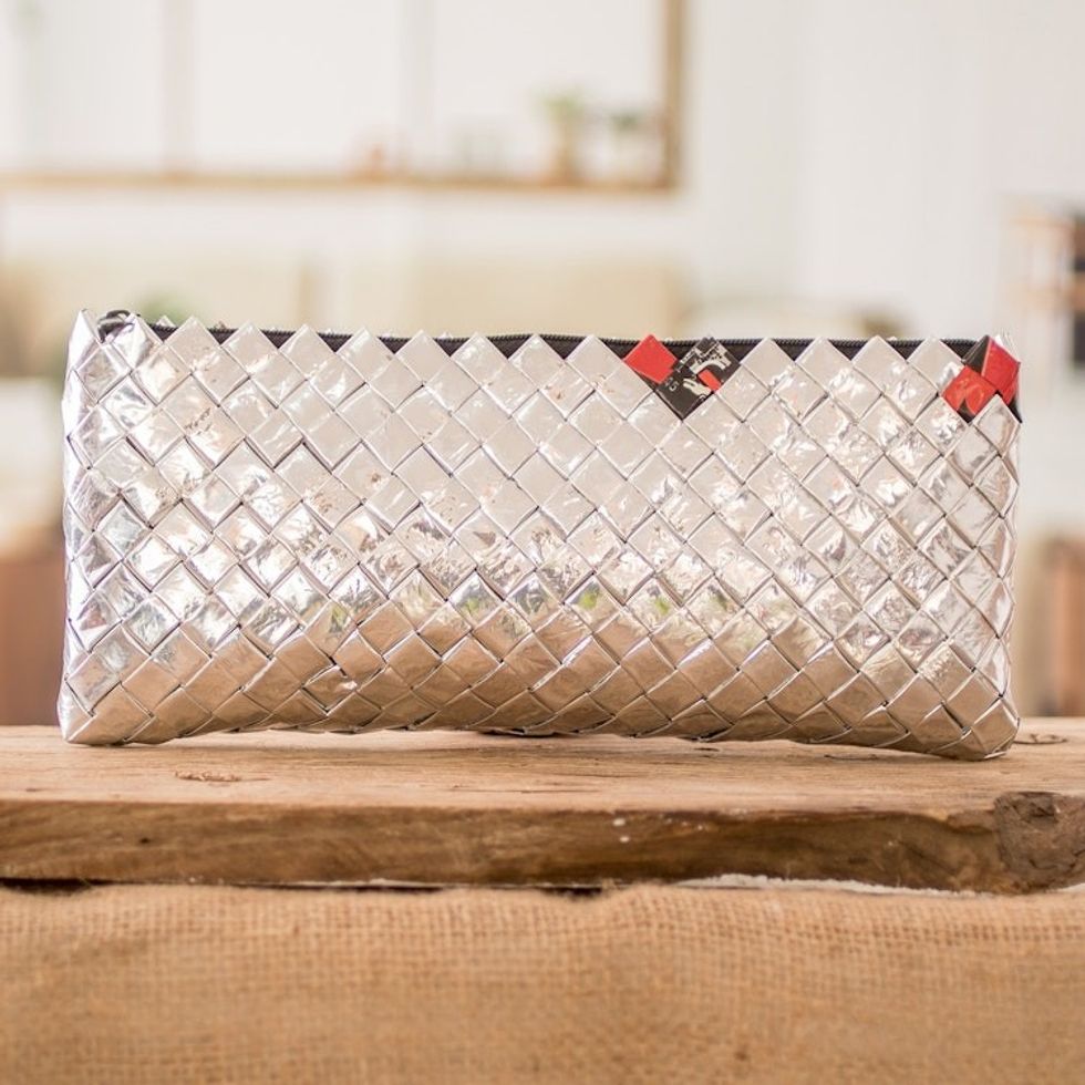 Eco-Friendly Metalized Wrapper Cosmetic Bag with Red Accents 'Ecological Awareness'