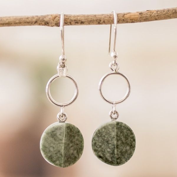 Alternate image for Sterling Silver Dangle Earrings with Hoop Green Jade Disc Green Majesty