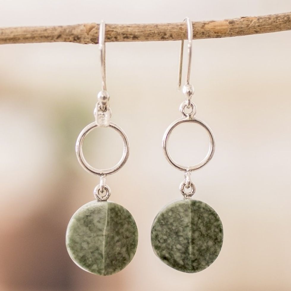 Sterling Silver Dangle Earrings with Hoop Green Jade Disc 'Green Majesty'