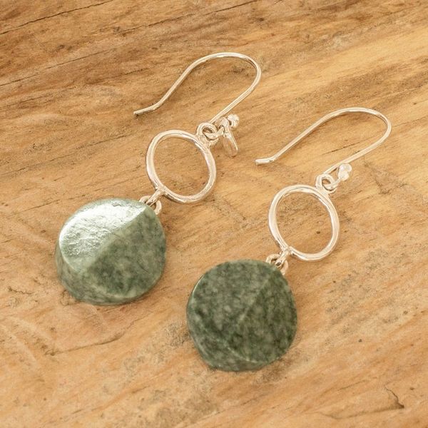 Alternate image for Sterling Silver Dangle Earrings with Hoop Green Jade Disc Green Majesty