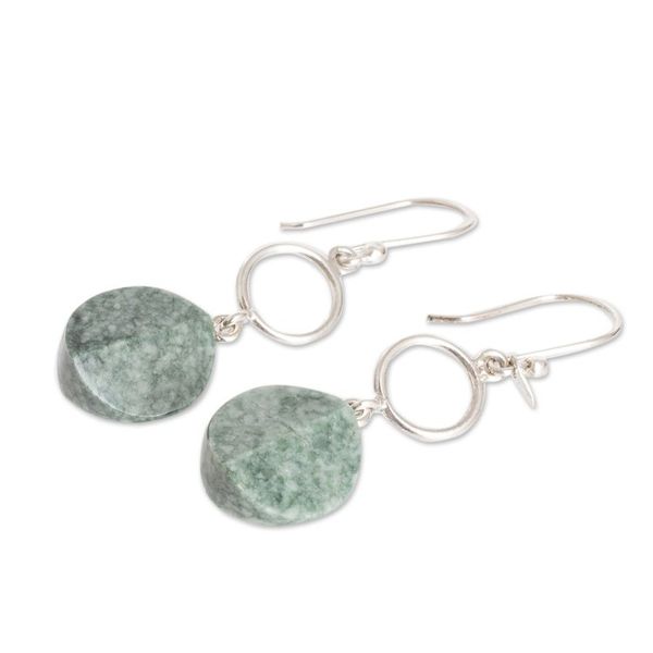 Alternate image for Sterling Silver Dangle Earrings with Hoop Green Jade Disc Green Majesty