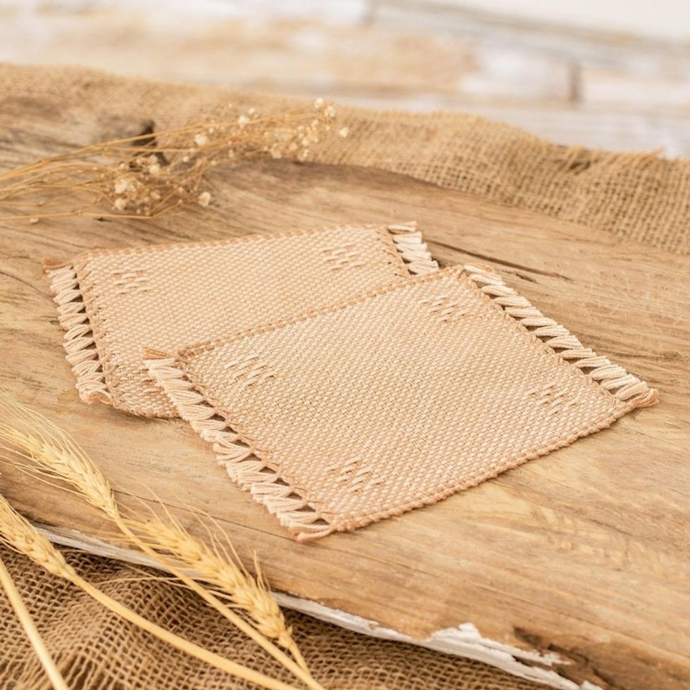 Pair of Handwoven Cotton Coasters in Beige with Fringes 'Afternoon Tea'
