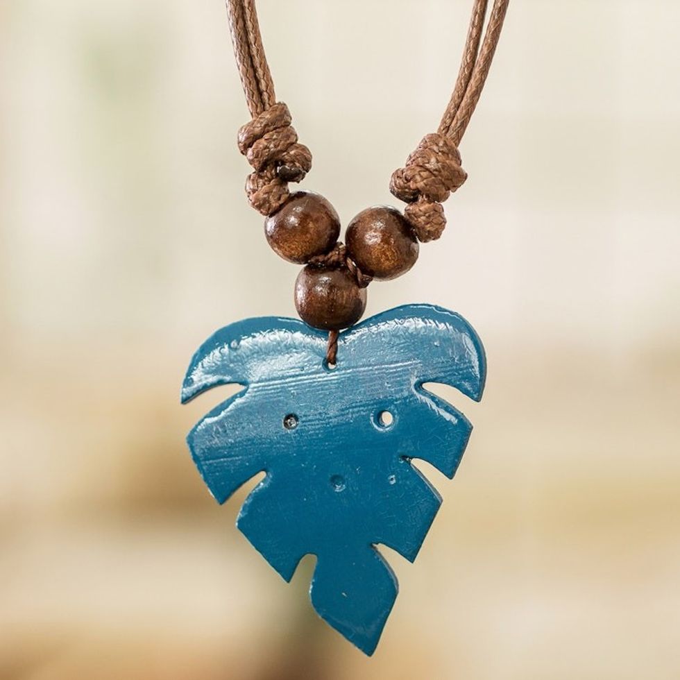 Leafy Blue Calabash Gourd Pendant Necklace with Wood Beads 'Jungle Blue'