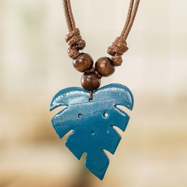 Alternate image for Leafy Blue Calabash Gourd Pendant Necklace with Wood Beads Jungle Blue