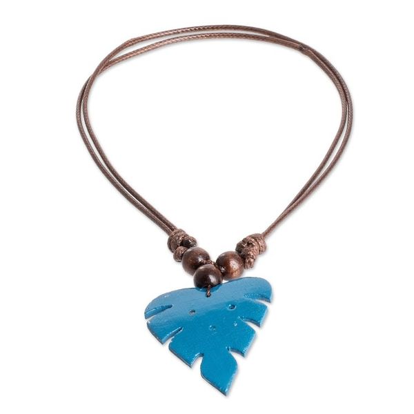 Alternate image for Leafy Blue Calabash Gourd Pendant Necklace with Wood Beads Jungle Blue